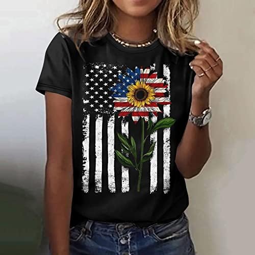 American Flag Sunflower T Camisetas Mulheres 4 de julho Independence Day Camisa de verão Impressão de manga curta Camiseta Blusa Top