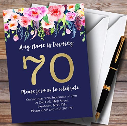 Flores de aquarela azul e rosa 70º convites de festa de aniversário personalizados