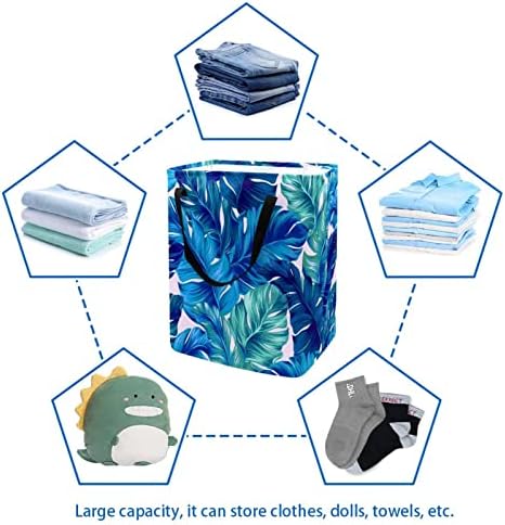 Blue aquarela de palmeira tropical folhas estampas lavanderia colapsível cesto, cestas de lavanderia à prova d'água de 60L