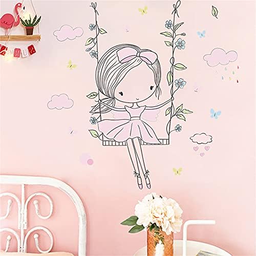 Rofarso colorido fofo adorável garotinha no balanço adesivos de parede para crianças descascão e bastão decalques de parede removíveis