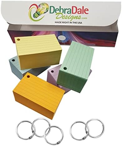 Designs Debradale - pequenos cartões de índice de cores governadas - 3-1/2 x 2 polegadas - 5 cores variadas - 1.000 cartas - caixa de dispensador de armazenamento de bônus com tampa e fechamento de velcro anexados - fabricado nos EUA