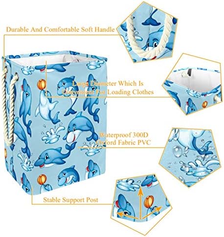 Deyya Cestas de lavanderia à prova d'água Alto Dolphin de desenho animado dobrável de altos tocos de estampa de água azul para crianças adultas meninos adolescentes meninas em quartos banheiro