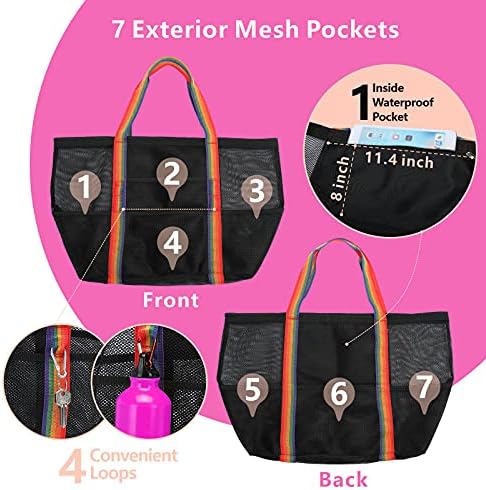 Packism Mesh Beach Bag-Tote para mulheres 9 bolsos grandes de brinquedos de praia