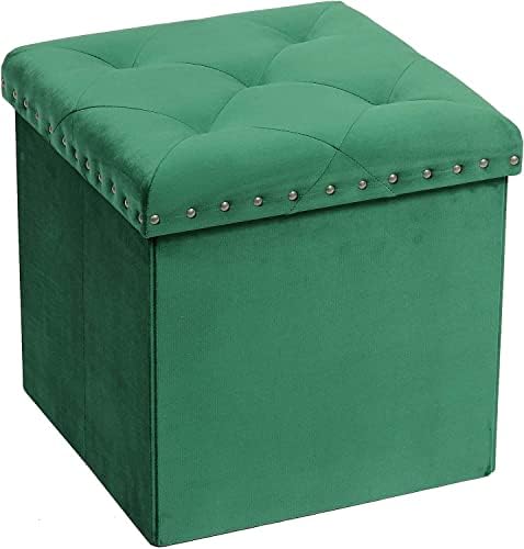 Cubo otomano dobrável de armazenamento dobrável de veludo pinplus, banquinho de descanso de pé tufado verde com design de rebite,