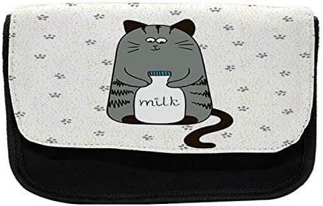 Caixa de lápis de gato lunarável, gatinho tímido com garrafa de leite, bolsa de lápis de caneta com zíper duplo, 8,5 x 5,5, cinza branco preto