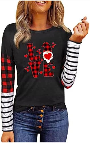 Tops do Dia dos Namorados para mulheres listradas de xadrez camisetas de manga comprida Top Love Blush Print Blouse Fall Loose