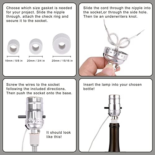 Kit de lâmpada de garrafa de garrafa do CANOMO 2 Sets inclui todos os adaptadores e soquete da lâmpada do orifício lateral permitem fazer uma lâmpada de garrafa de vinho ou outras lâmpadas de garrafa, níquel