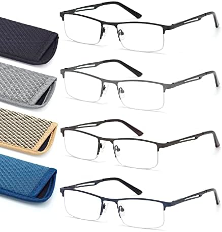 Óculos de leitura de luz azul alta para homens, metade de metal leitores de moldura lente clara lentes lentes com bolsas