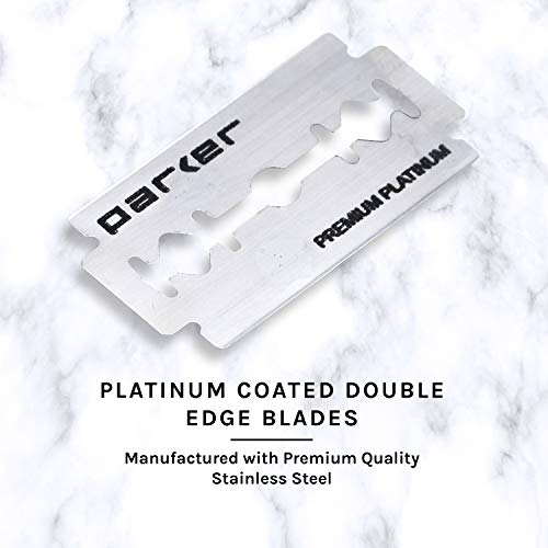 Razor de segurança Parker, 96r Graphite cinza manípulo longo da borboleta aberta de ponta dupla de ponta dupla para homens, 5 Parker Premium Platinum Double Edge Razor Blades incluídos