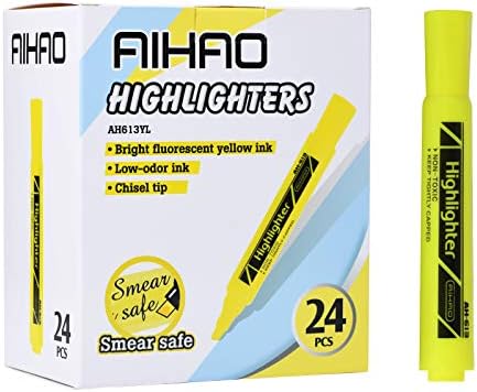 Highlighter amarelo Aihao, caneta marcador de tanque de ponta cinzel, 24 pacote, marcadores fluorescentes para adultos