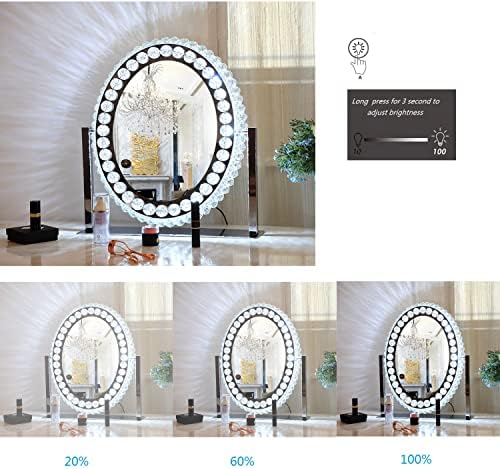 Espelho de vaidade qyzblbang com luzes espelho de cristal oval grande, espelho de maquiagem de mesa para quarto com 3 luzes coloridas 360 ° Aço inoxidável rotativo, espelho de mesa inteligente de Hollywood com luzes de toque