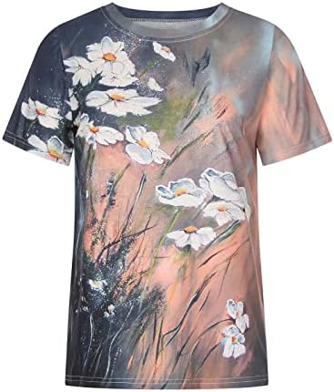 Camiseta da blusa para mulheres outono verão de manga curta Crewneck boat decote de peco gráfico impressão floral