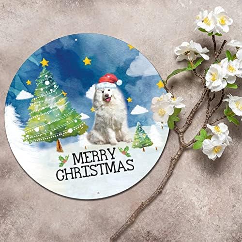 Sinal de metal redondo, Feliz Natal Neve e Pet Christmas Wreath Sign Metal Poster Decorativo Placa da casa da parede para cafe para