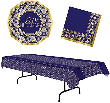 Eid Mubarak Celebration Party Supplies para 16 pessoas | O pacote inclui guardanapos de placas de papel e recuperação de mesa | Motificação de estrela roxa e dourada