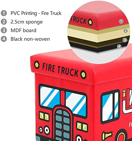 Baú de brinquedo Hoergots com tampa de brinquedo robusta para meninos Mirls Fire Truck Pattern Banco de armazenamento de crianças dobráveis ​​detém até 660 lb, 19 x12 x12