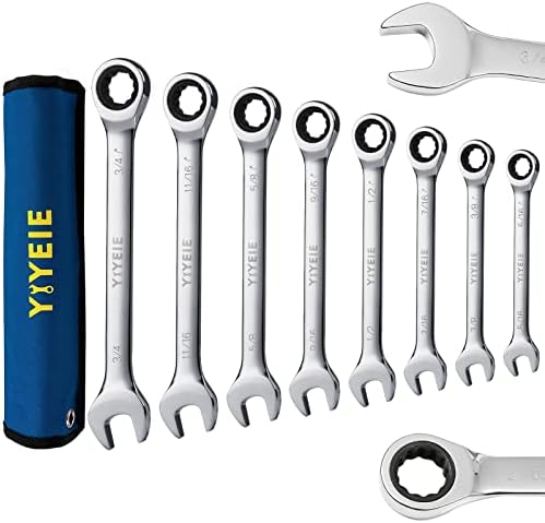 Yiyeie Ratcheting Combination Clera Conjunto, 8 PCs SAE, 5/16 a 3/4, aço cromado vanadium, 72 Baixa de dente e uma chave