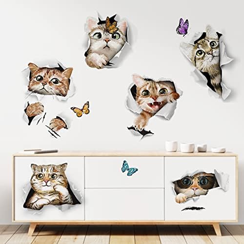 Mfault 3D Cats Decalques de parede adesivos, gatinhos com borboletas decorações de banheiro de banheiro Arte do quarto, gatinho de animais de estimação de animais de estimação de cozinha de cozinha de estimação de animais de estimação