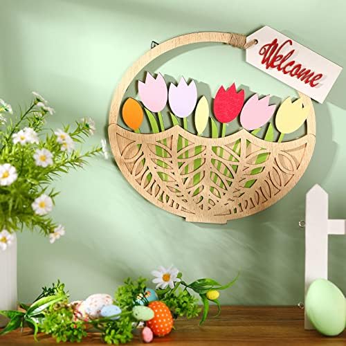 QUNCLAY Bem -vindo ao verão da porta da frente da porta pendurada sinal de tulipa cesta em forma de porta de madeira portão de