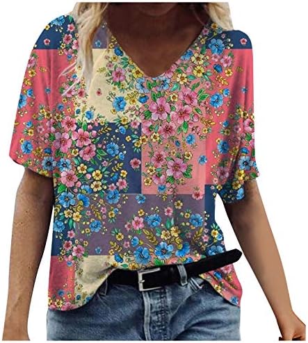 Camiseta impressa da moda para mulheres em todo o colorido padrão floral blusas verão v pesco