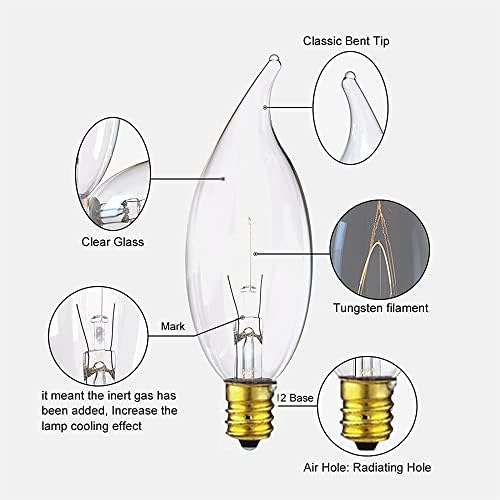 Segun, 40 watts Clear Candelabra Base 110V_120V, lâmpadas incandescentes em forma de chama, lâmpadas de lustre, advertível, branco quente （12pack）