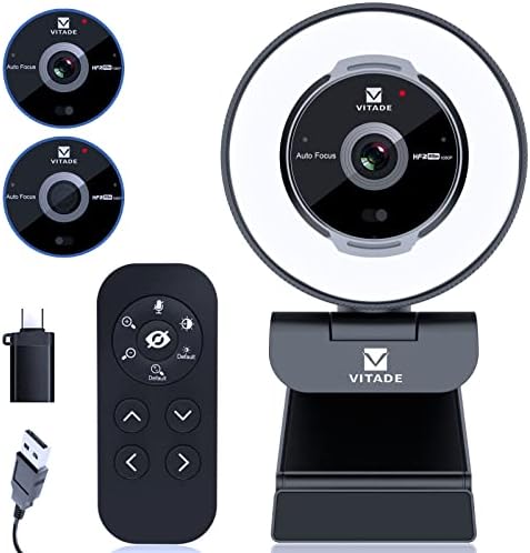 Vitade Zoomable webcam com controle remoto, 1080p 60fps streaming webcam com luz de anel e microfone, webcam USB com