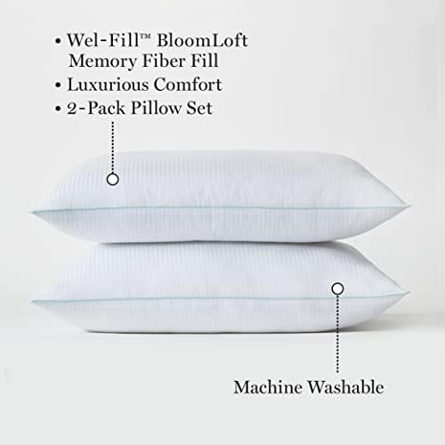 Martha Stewart Dobby Stripe Down Down Alternative Sleeping Pillow Set - 2 -Pack | Legal to Touch | Alívio da pressão | Preenchimento de fibra de espuma de memória | Todas as posições do sono | Rainha padrão | Branco