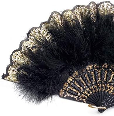 Feliz penhas bordadas com fã de penas marabou, fã de mão de flapper de estilo vintage para fã de mão para festa de festa