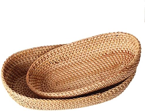 Conjunto de 2 cestas de pão de vime oval, cesto de vime artesanal de 13 polegadas, com parede de 3 ”, cesta de porção