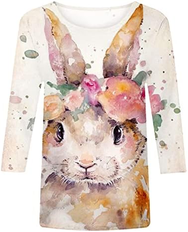 Camisa de coelhinho da Páscoa para mulheres Blusa impressa fofa Tops 2023 Moda 3/4 Manga Crewneck Sleeve Longa Polyster