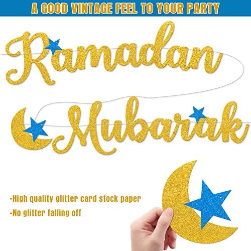 Kitticcino Ramadan Mubarak Banner Feliz Ramadã Decorações de festa, celebração festiva do Ramadã, Eid Party Supplies Gold Blue Glitter