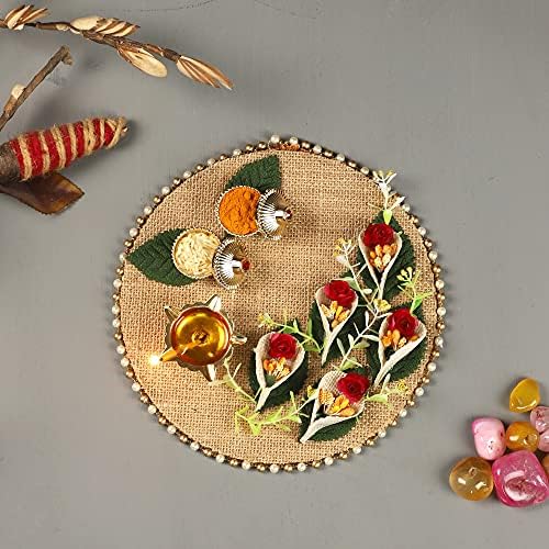 Itiha floral de 8 polegadas tradicional artesanal decorativo pooja thali com belo portador festivo de haldi kumkum ideal para