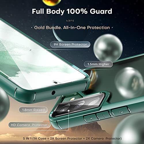TOCOL [5 em 1 para Samsung Galaxy S22 Caso 6,1 polegadas, com 2 protetor de tela de embalagem + 2 protetor de lente da câmera de embalagem, traseiro fosco translúcido [Proteção de grau militar] Caso para Galaxy S22 5G, verde