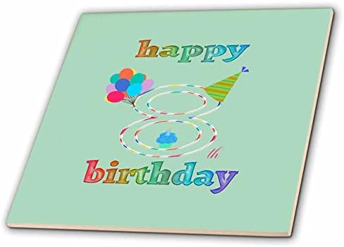 3drose feliz 8º aniversário, cupcake com vela, balões, chapéu, colorido - azulejos