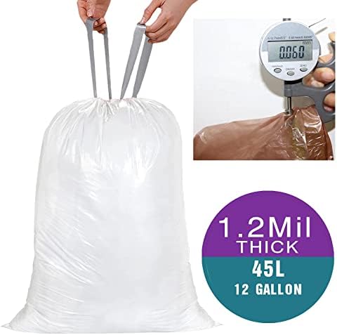 Código M 12 galões de trajes pesados ​​Plástico Sacos de lixo de plástico compatíveis com o código simples -humano m | 1,2 mil | Foradores de lixo de cordão branco 12 galões/45 litros