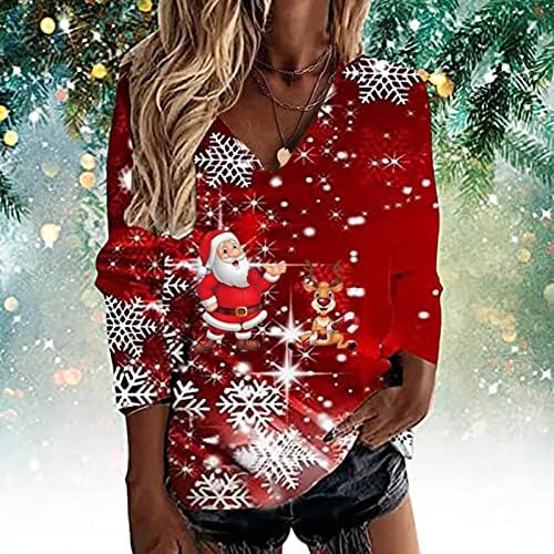 Camisas de Natal para Mulheres Snowflake Heart Graphic Casual Manga Longa Pullover Top Top Lowead de Jolas de Neck em V