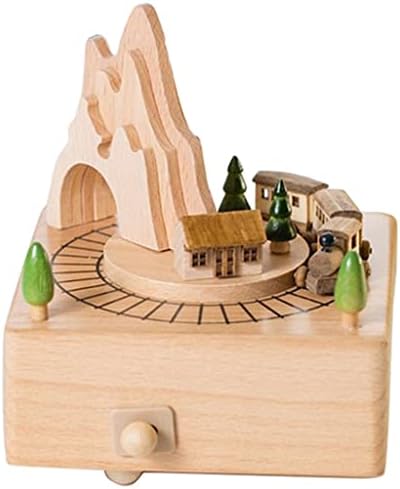 N/A Caixa musical de madeira com túnel de montanha com pequeno trem netírico em movimento