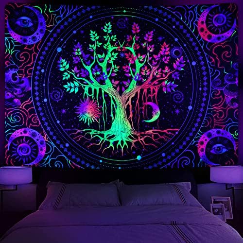 Krelymics Blacklight Tree of Life Tapestry Trippy Sun and Moon Tapeçaria