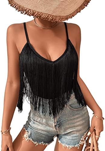 Sweatyrocks Fringe feminina sem mangas boho tampo tops slim fit Cami Halter tops