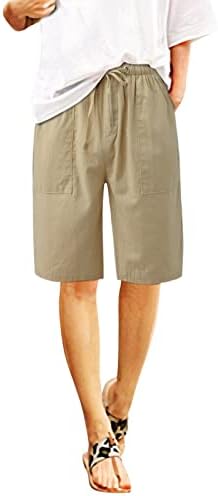 Shorts de linho para mulheres elásticas de cintura alta de cor sólida bermudas shorts de fitness de fitness confortáveis ​​shorts com bolsos