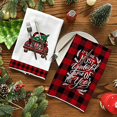 Modo Artóide Buffalo Plaid Feliz Natal Toalhas de cozinha de prato, 18 x 26 polegadas de inverno Caminhão de férias Secando toalhas de chá para cozinhar para cozinhar um conjunto de 2