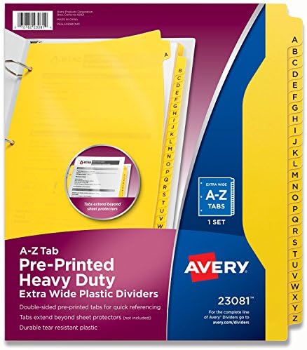 Avery Plastic Plastic Industrial Divishers, 26 abas A-Z, amarelo, 11,05 x 9,05 x 0,3 polegadas