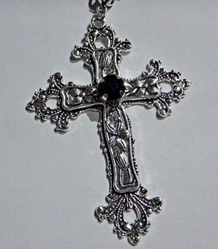 Pingente de tone prateado de colar cruzado gótico grande com pedra de vidro preto, em cadeia de aço de 24 de 24