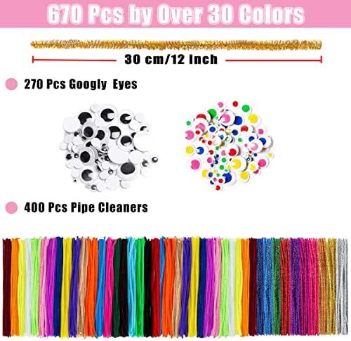 670 PCs Cleaners de tubos de artesanato, BLEDS 400 LMAVERS DE TIPE + 270 OLHOS PRETOS E COLORIA GOOGLY, SOFT CHENILLE TEMS CLEMANDERS PIPER STEITORES PARA OSTRAS DE DIY DIY CRIATE