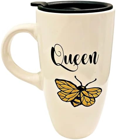 Cerâmica Hot Cold Tumbler com tampa com canudinho inscrito: Queen Bee com ícone de abelha dourada por Sheffield | Ótimo para viajar em casa