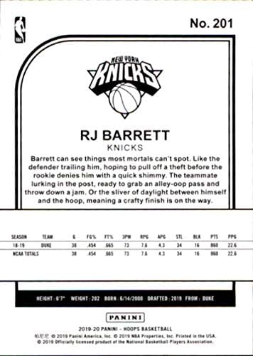 2019-20 Panini NBA HOOPS 201 RJ Barrett New York Knicks Cartão de basquete novato