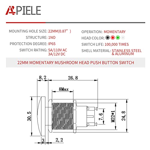 APIELE 22MM CABEÇA PUSCOMENTO DE CABEÇA DE CABEÇA MOMENÁRIA PUSHETO IP65 PROMUTA ÁGUA 12V 24V 36 DC 110V 250V AC 5A SPST