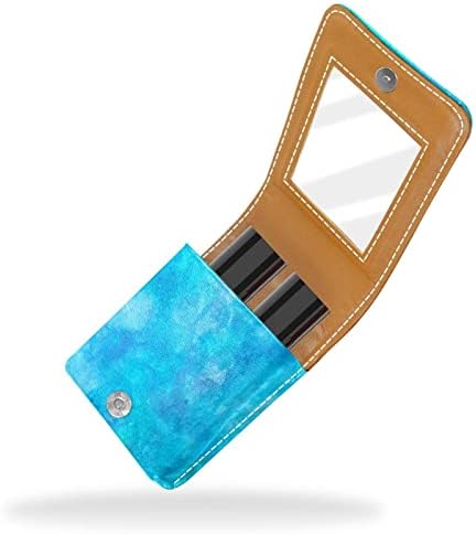 Caixa de batom de maquiagem de couro azul brilhante com espelho mini maquiagem diariamente retoque