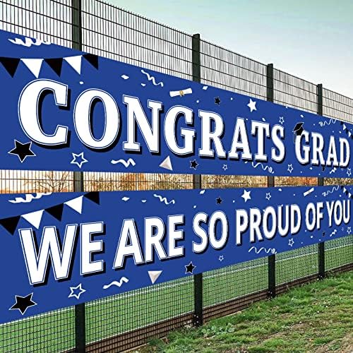 Decorações de festa de graduação do Pawliss 2023, 2 PCS Banner de graduação, turma de 2023 Parabéns Banners de graduação com cartas, decorações de props de cabine de fotos azuis, suprimentos para festas de formatura para quintal, gramado, jardim