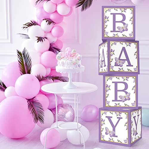 Caixas de chá de bebê Weiff, 4pcs Caixas de balão de bebê de borboleta roxa com letras, caixas de bloco de chá de bebê,