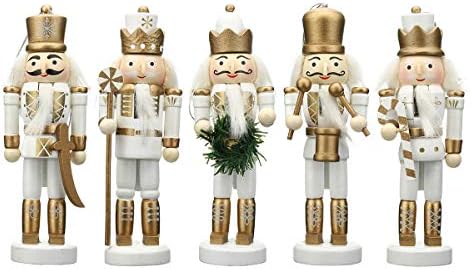 Bluespace Nutcracker Figuras de ornamentos penduradas - Mini -nozes de madeira de Natal e Gold e Branco Decoração de Decoração do Ornamento da Árvore de Natal - 5 '', conjunto de 5pcs